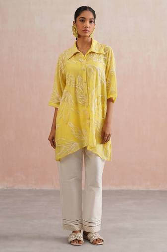 Yellow embroidered chanderi co ord set