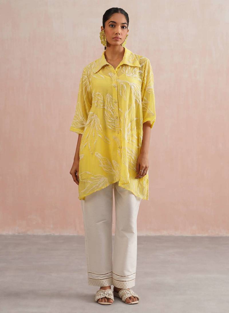 Yellow embroidered chanderi co ord set