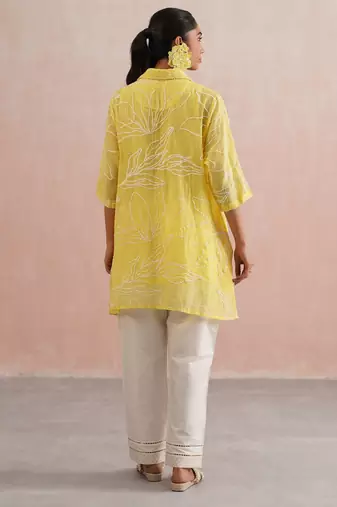 Yellow embroidered chanderi co ord set
