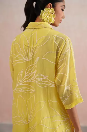 Yellow embroidered chanderi co ord set