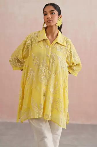 Yellow embroidered chanderi co ord set
