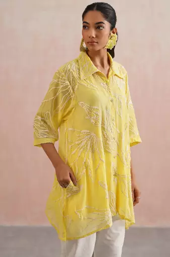 Yellow embroidered chanderi co ord set