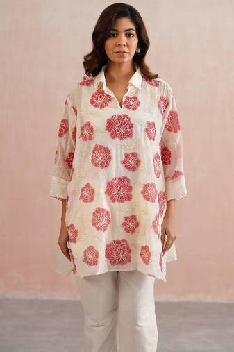 White embroidered chanderi co ord set