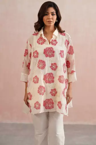 White embroidered chanderi co ord set