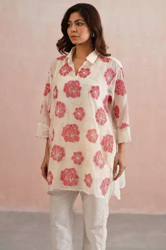White embroidered chanderi co ord set