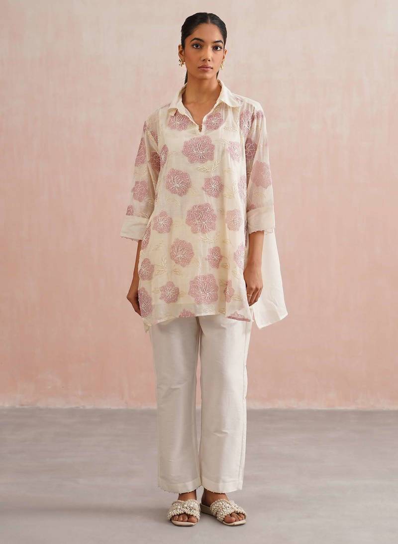 White embroidered chanderi co ord set