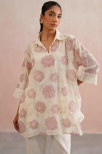 White embroidered chanderi co ord set