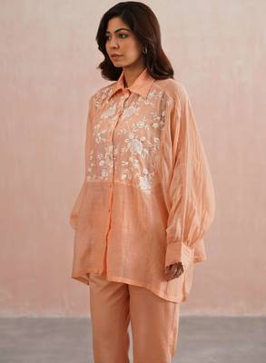 Peach embroidered chanderi co ord set 1