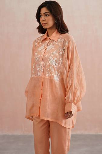 Peach embroidered chanderi co ord set