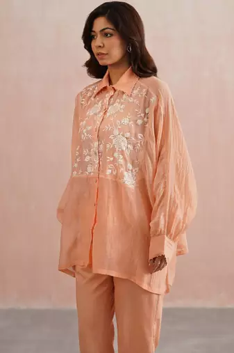 Peach embroidered chanderi co ord set