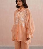 Peach embroidered chanderi co ord set