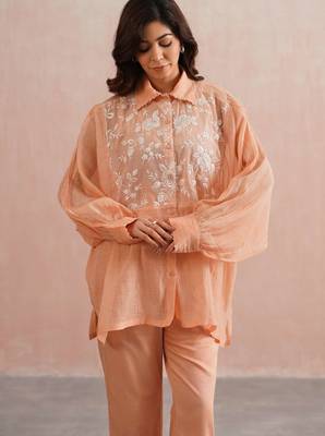 Peach embroidered chanderi co ord set 2
