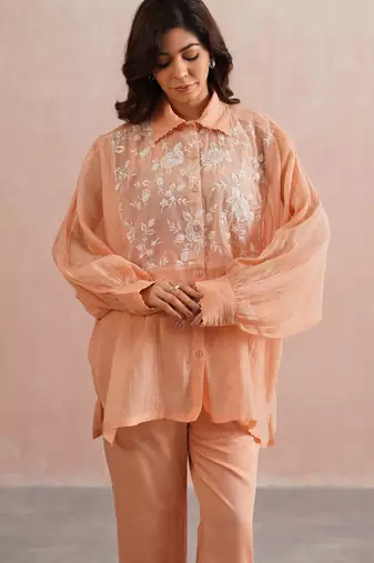 Peach embroidered chanderi co ord set