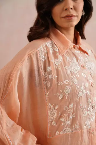 Peach embroidered chanderi co ord set