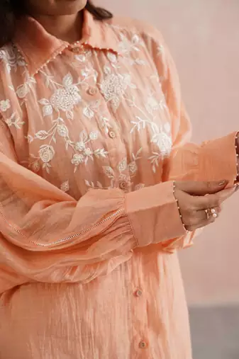 Peach embroidered chanderi co ord set