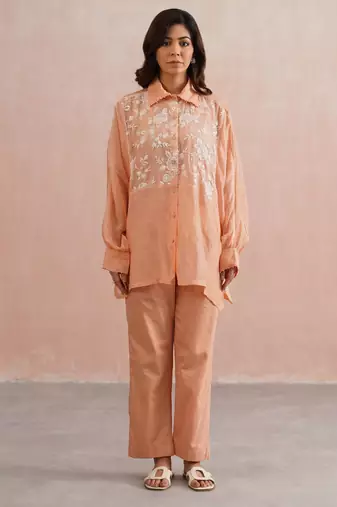 Peach embroidered chanderi co ord set