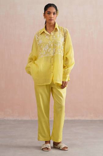 Yellow embroidered chanderi co ord set