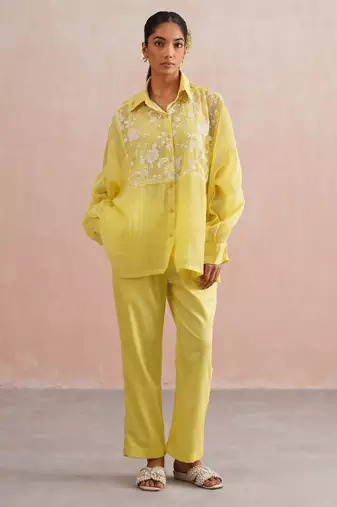 Yellow embroidered chanderi co ord set