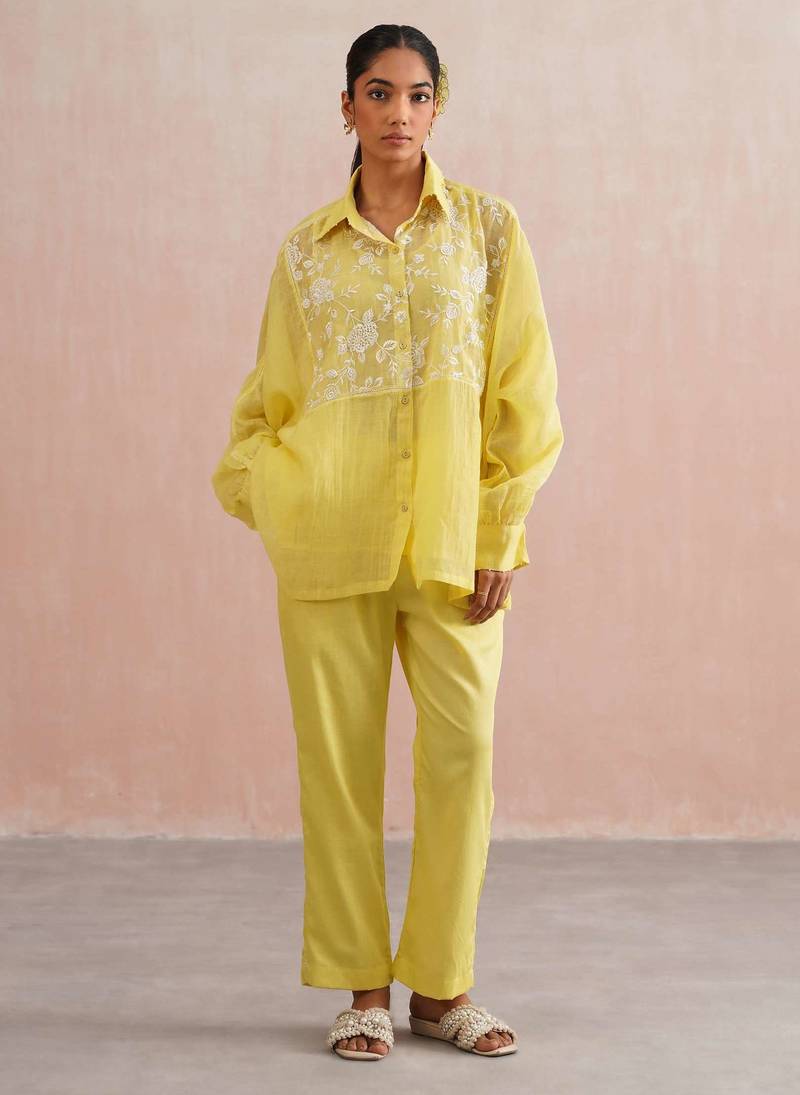 Yellow embroidered chanderi co ord set