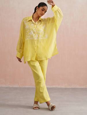 Yellow embroidered chanderi co ord set 2