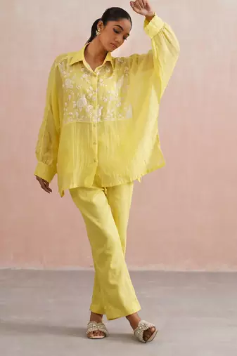 Yellow embroidered chanderi co ord set