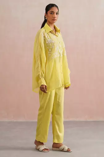 Yellow embroidered chanderi co ord set