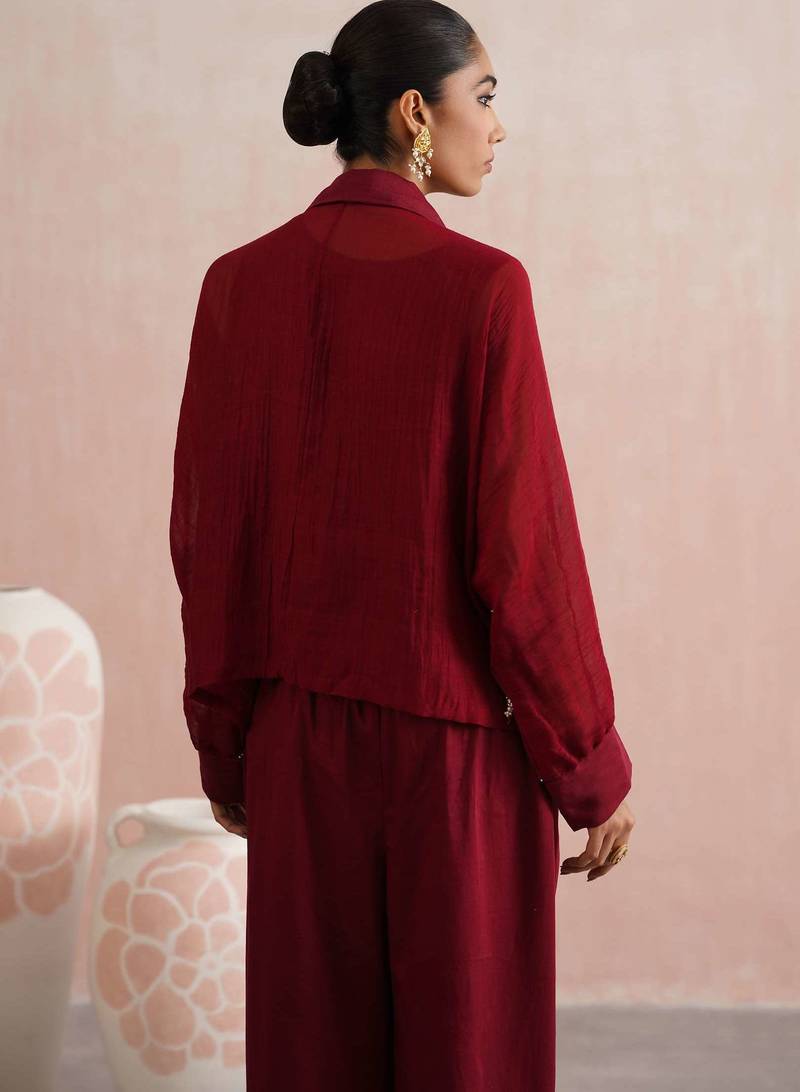 Maroon embroidered chanderi co ord set