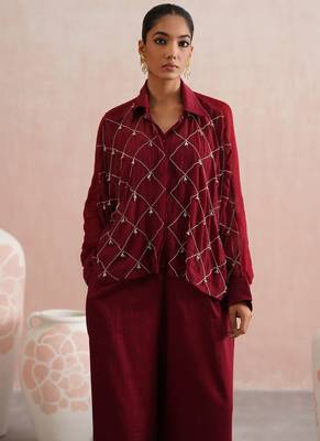 Maroon embroidered chanderi co ord set 3