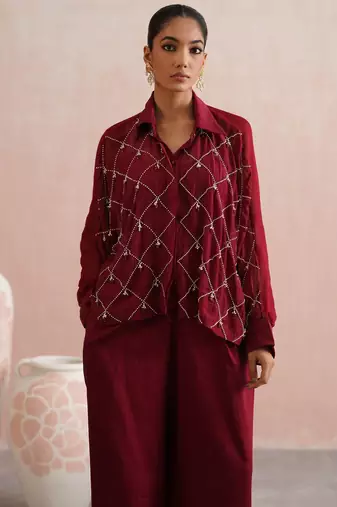 Maroon embroidered chanderi co ord set