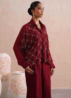 Maroon embroidered chanderi co ord set 1