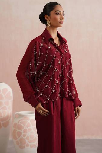 Maroon embroidered chanderi co ord set