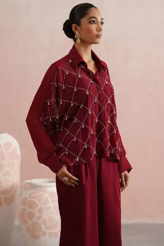 Maroon embroidered chanderi co ord set