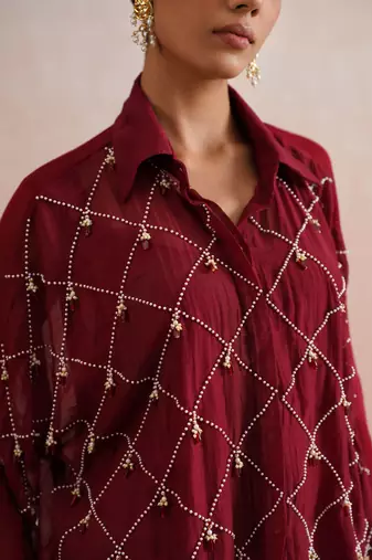 Maroon embroidered chanderi co ord set
