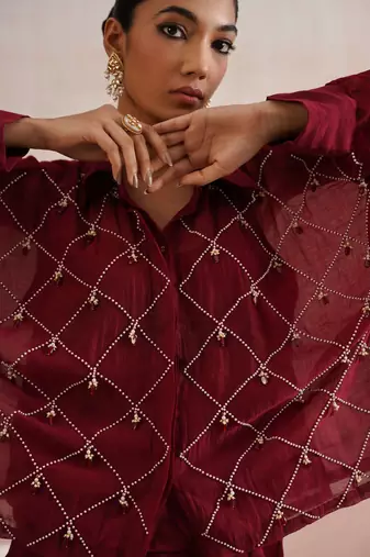 Maroon embroidered chanderi co ord set