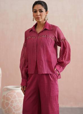 Pink embroidered chanderi co ord set 1