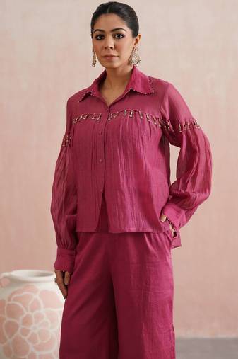 Pink embroidered chanderi co ord set