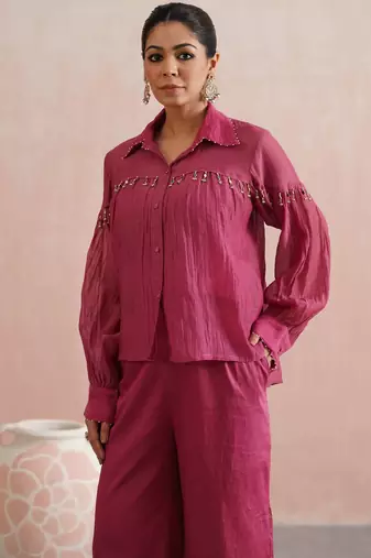 Pink embroidered chanderi co ord set