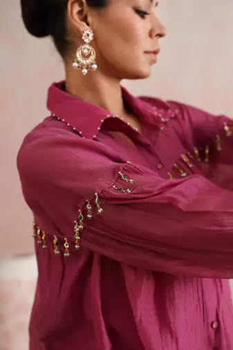 Pink embroidered chanderi co ord set