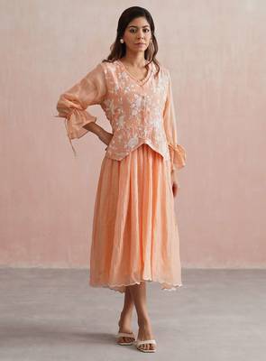 Peach embroidered chanderi dress with jacket 1