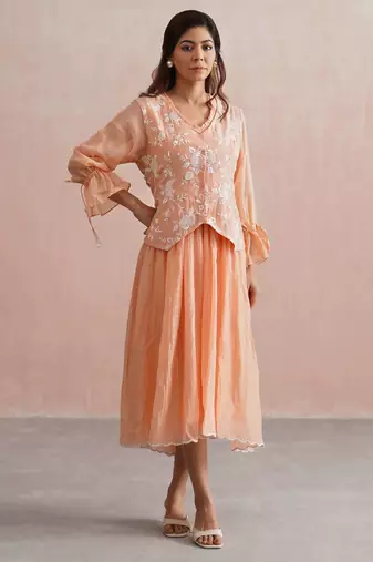 Peach embroidered chanderi dress with jacket