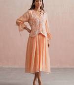 Peach embroidered chanderi dress with jacket