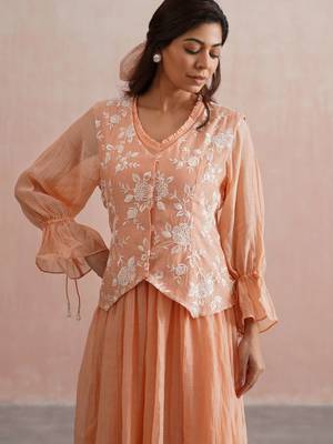 Peach embroidered chanderi dress with jacket 2