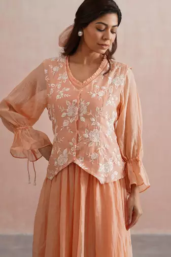 Peach embroidered chanderi dress with jacket