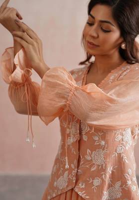 Peach embroidered chanderi dress with jacket 3