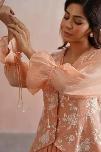 Peach embroidered chanderi dress with jacket