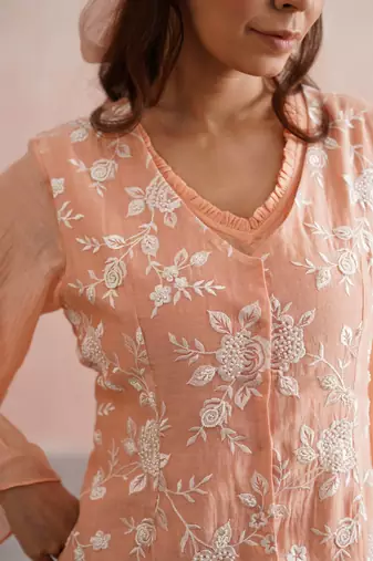 Peach embroidered chanderi dress with jacket