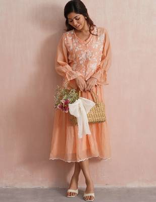 Peach embroidered chanderi dress with jacket 5