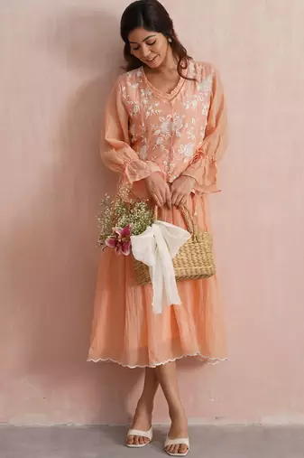 Peach embroidered chanderi dress with jacket