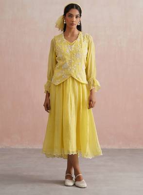 Yellow embroidered chanderi dress with jacket 1