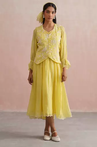 Yellow embroidered chanderi dress with jacket